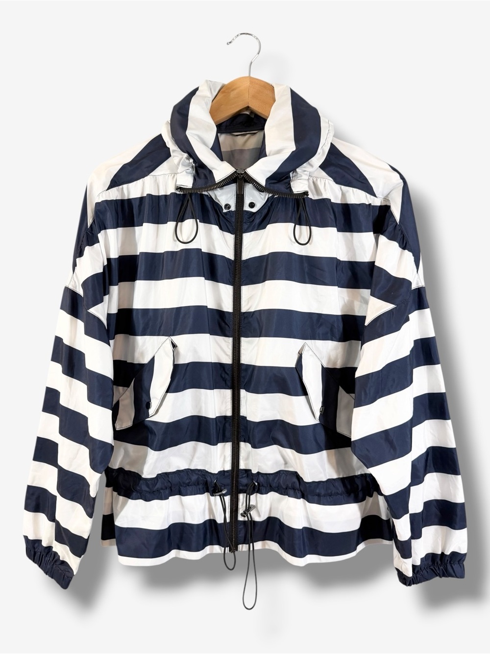 Zara Windbreaker Hooded Jacket Size S Blue White Stripe Nautical Coastal Preppy